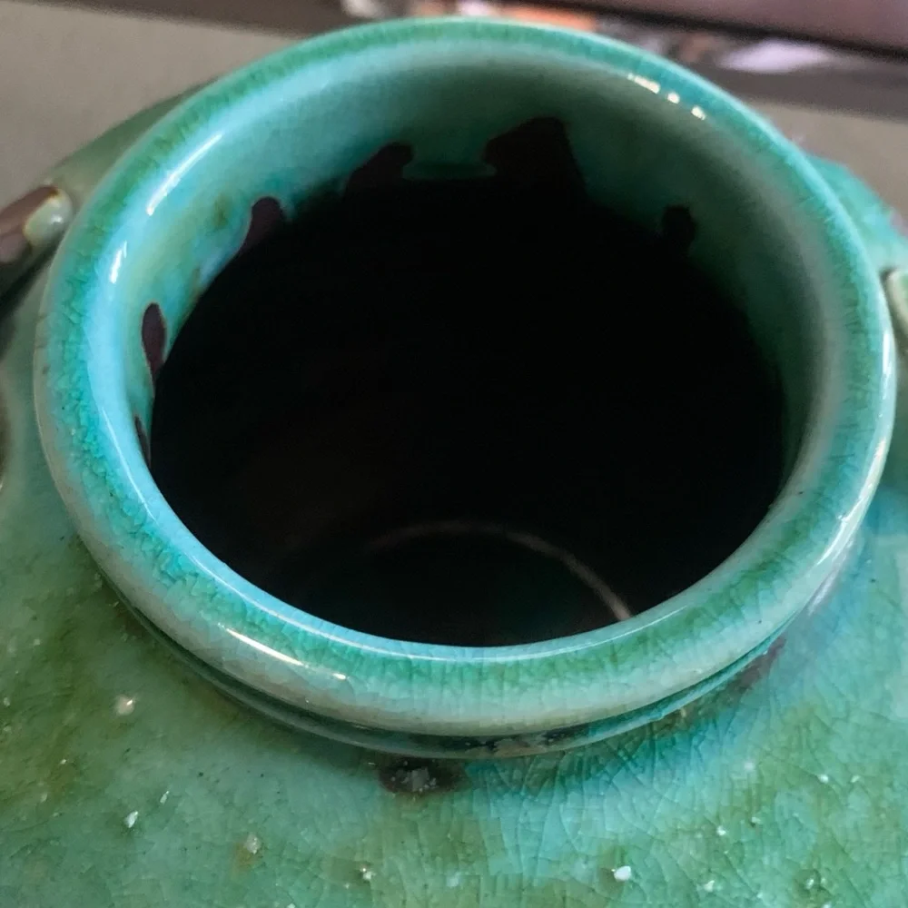 Vintage 1950s-70s Japanese Studio Pottery Drip Green Brown Lava Glaze MCM Vase